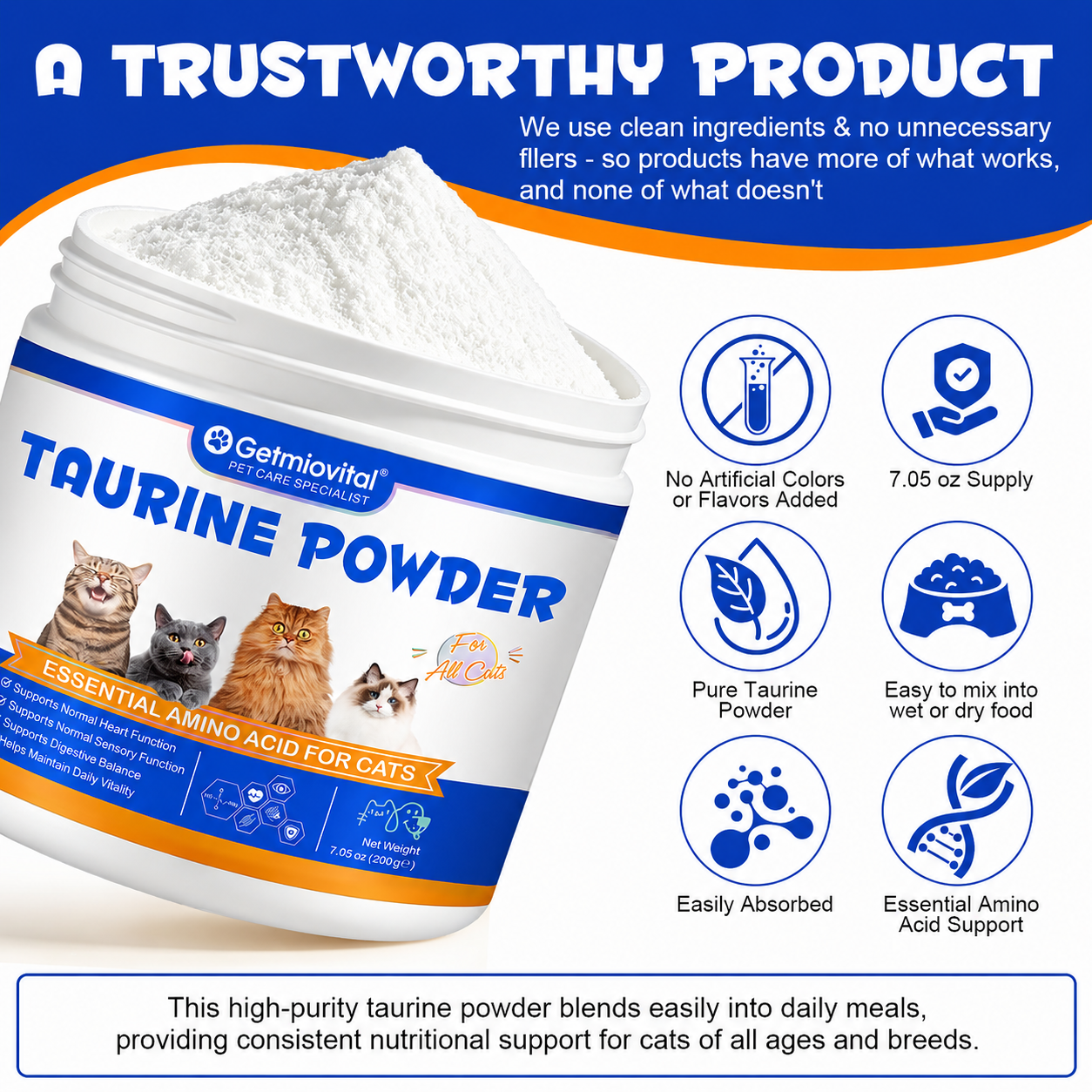Getmiovital Taurine Powder Pure Pharmaceutical-Grade for Cats