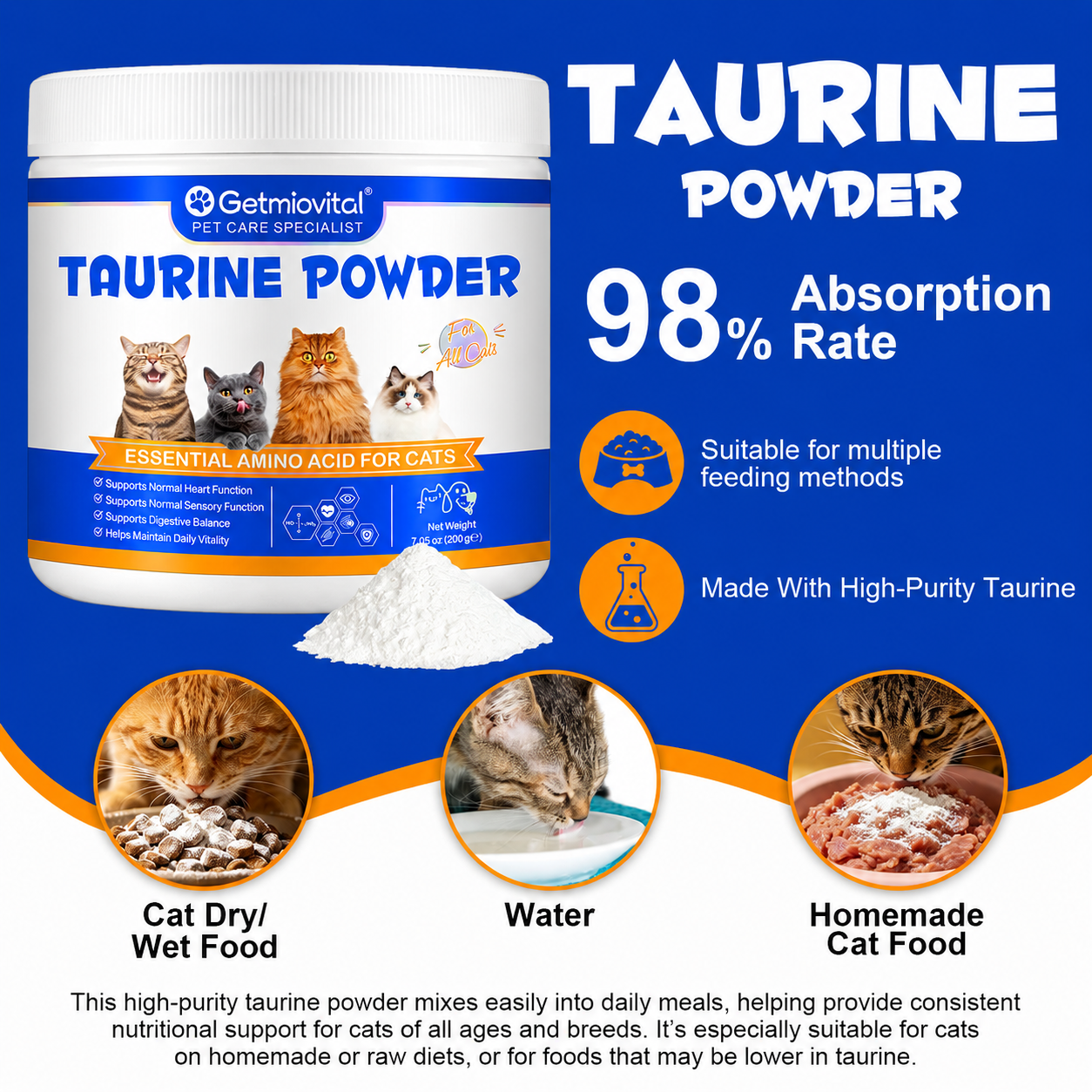 Getmiovital Taurine Powder Pure Pharmaceutical-Grade for Cats